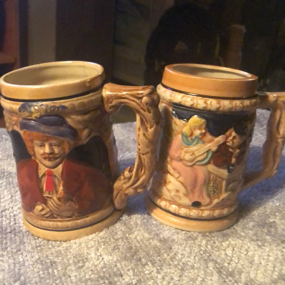 Set of 2 Vintage German Woven Handle Unmarked Unlidded Stein Beer Mug Japan made